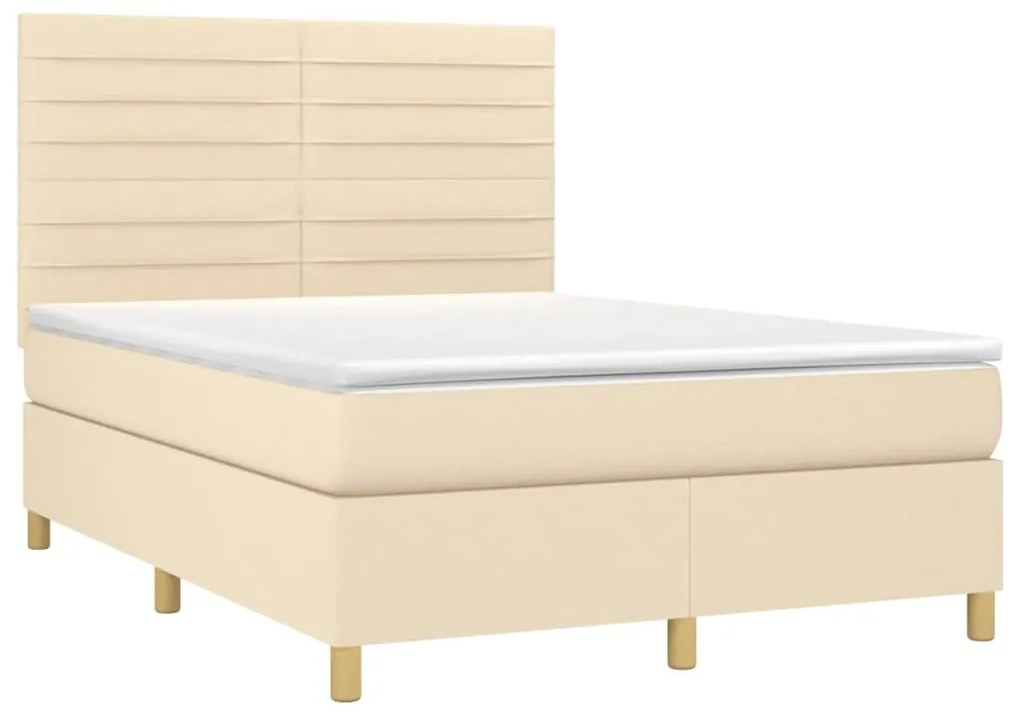 Cama box spring c/ colchão e LED 140x190 cm tecido cor creme