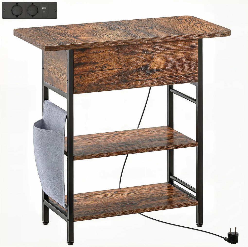 HOMCOM Mesa de apoio lateral com estação de carga e bolsa de arrumação, 60 x 29,8 x 58,5 cm, castanho rústico | Aosom Portugal
