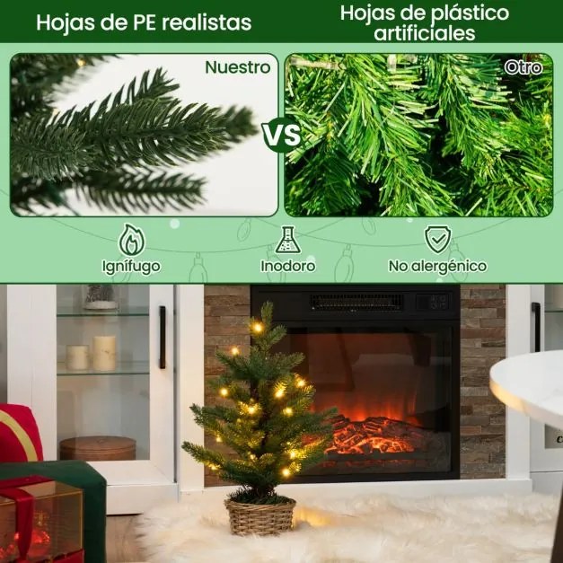 Árvore de Natal em vaso de madeira de 53 cm com 96 ramos, 20 luzes LED brancas quentes e temporizador verde