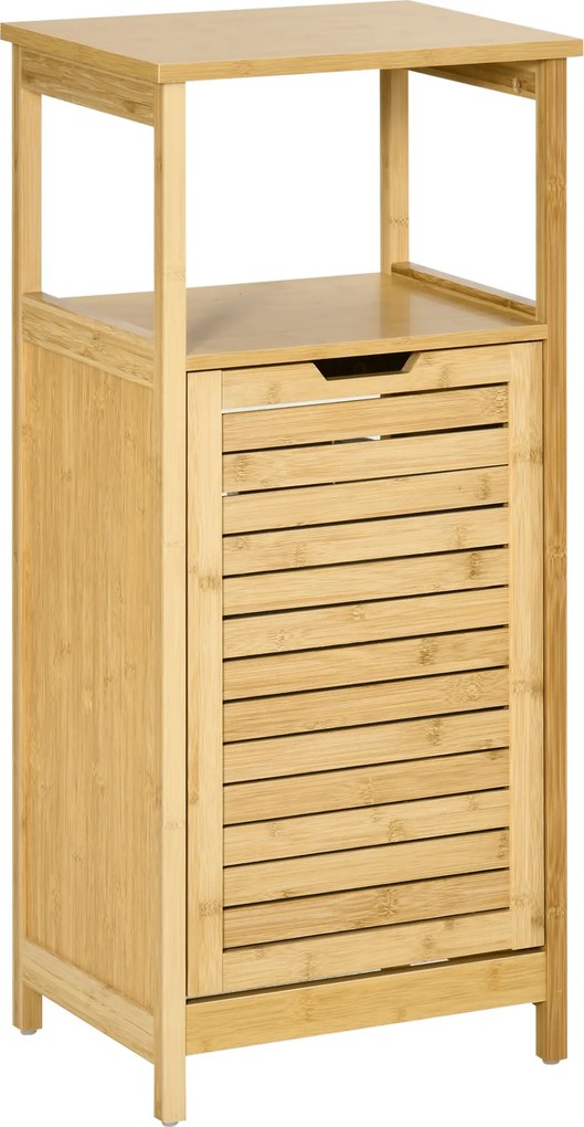 kleankin Cesto de Roupa de Bambú Armário para Casa de Banho com 2 Prateleiras 1 Cesta de Tecido Removível 40x30x86,5 Natural | Aosom Portugal
