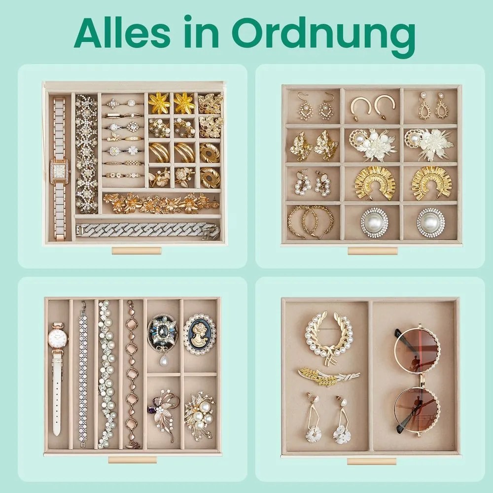 Caixa para joias com 6 níveis, com tampa de vidro 20,3 x 23,1 x 22,8 cm branco-dourado