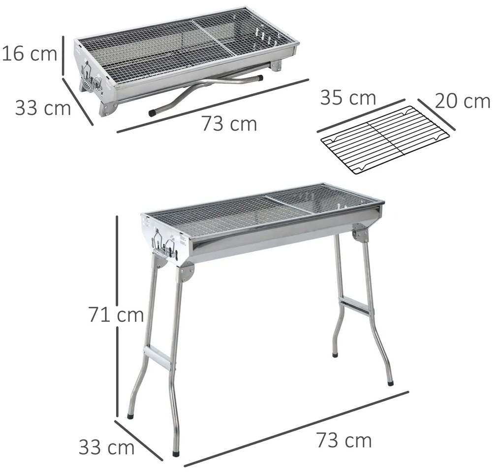 Outsunny Barbecue Portátil e Dobrável de Aço Inoxidável com Grelha Barbecue a Carvão com Ventilação para Jardim Picnic Camping 73x33x71 cm Prata