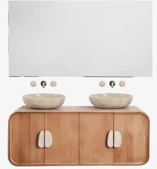 Conjunto De Móvel De Casa De Banho Dupla Suspensa 130x45 Cm Em Madeira De Manga E Pedra Natural Kivalina Retangular Led E Anti-embaciamento 140x75 Cm