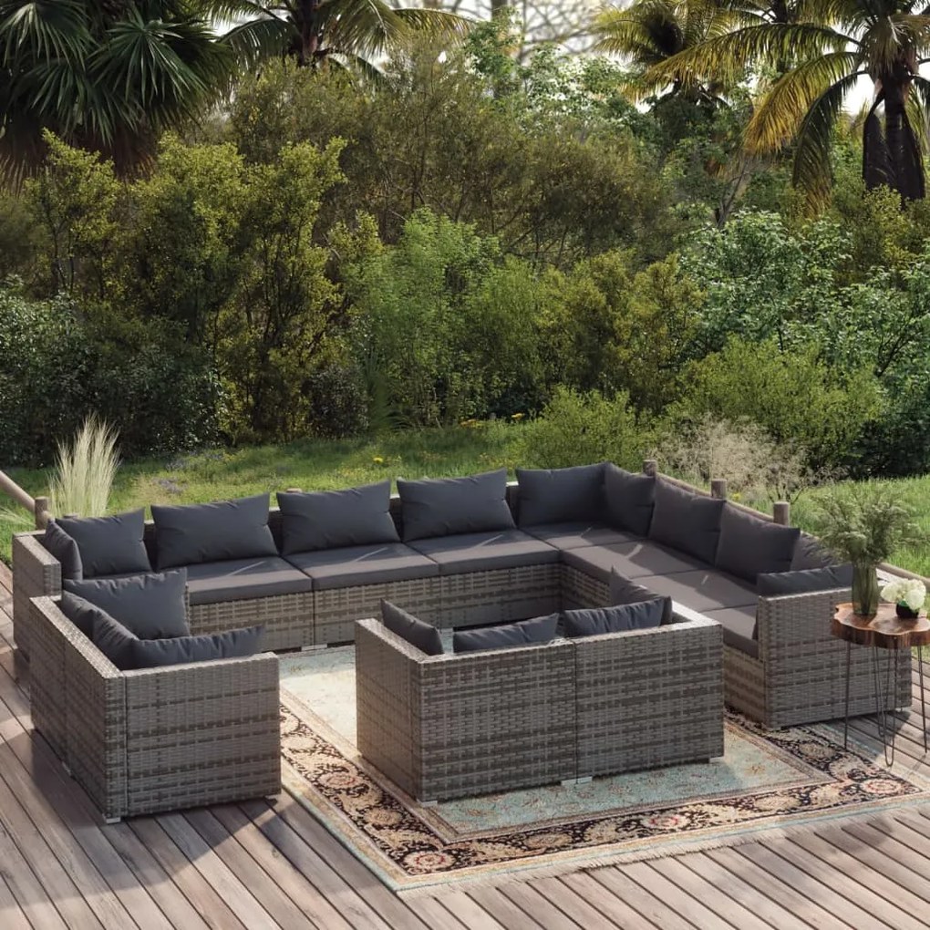 vidaXL 12 pcs conjunto lounge de jardim c/ almofadões vime PE cinzento