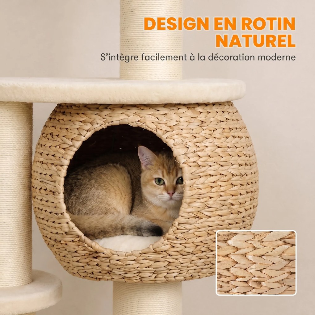 Árvore para Gatos de 4 Níveis, 60 x 48 x 132 cm, Casa em Junco Entrançado à Mão, Bege