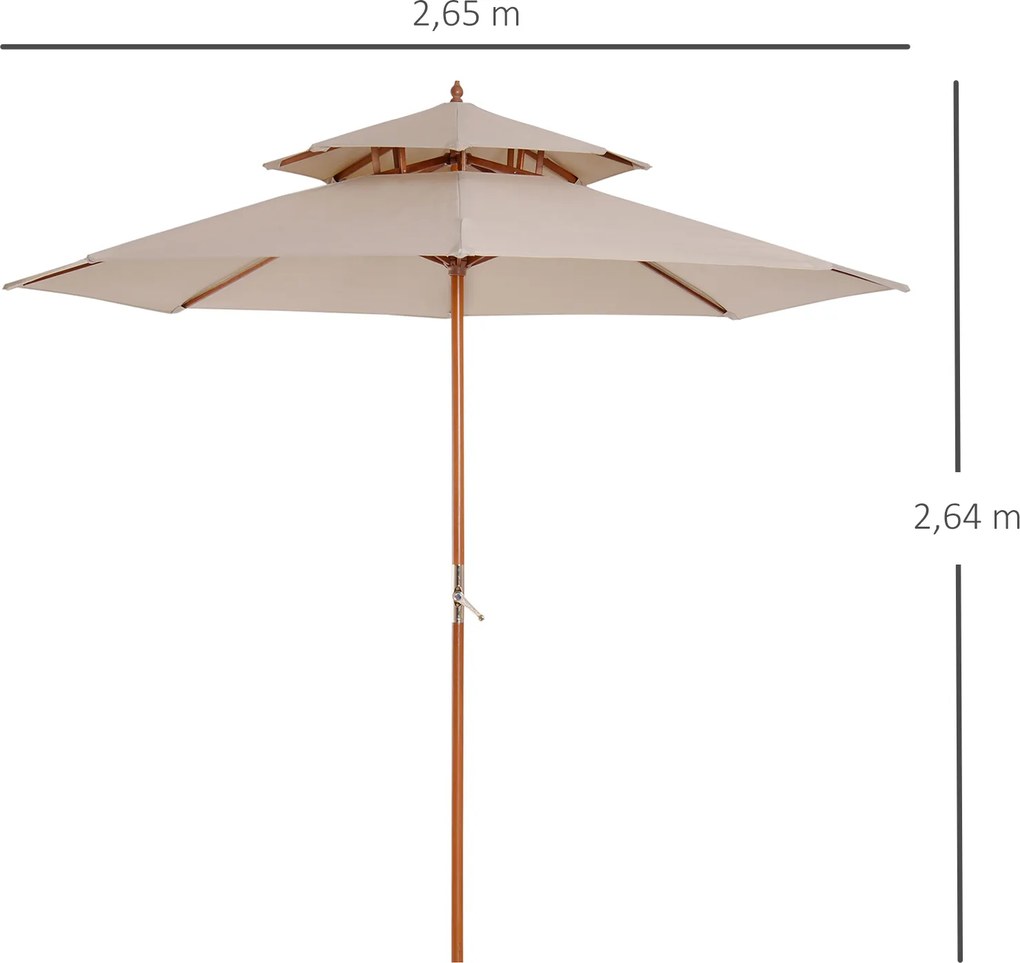Guarda-sol de madeira, vertical (BASE NÃO INCLUIDA), com 2 telas de poliéster de 180 g/m², diâmetro 2,7 m x 2,6 m de altura, bege