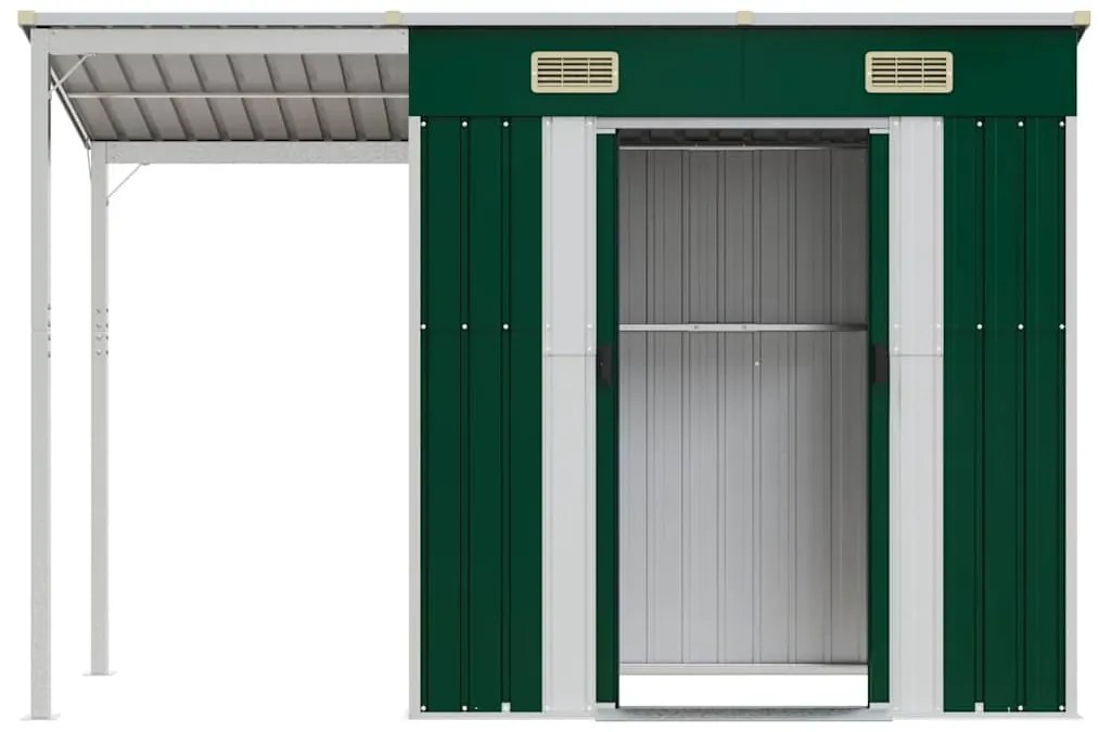 Abrigo de jardim com alpendre 277x107x181 cm aço verde