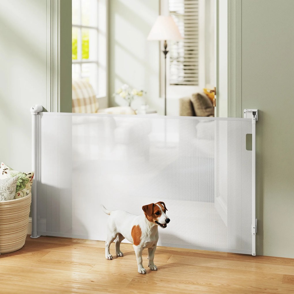 Barreira retrátil para cães, largura 149 cm, bloqueio automático - branca