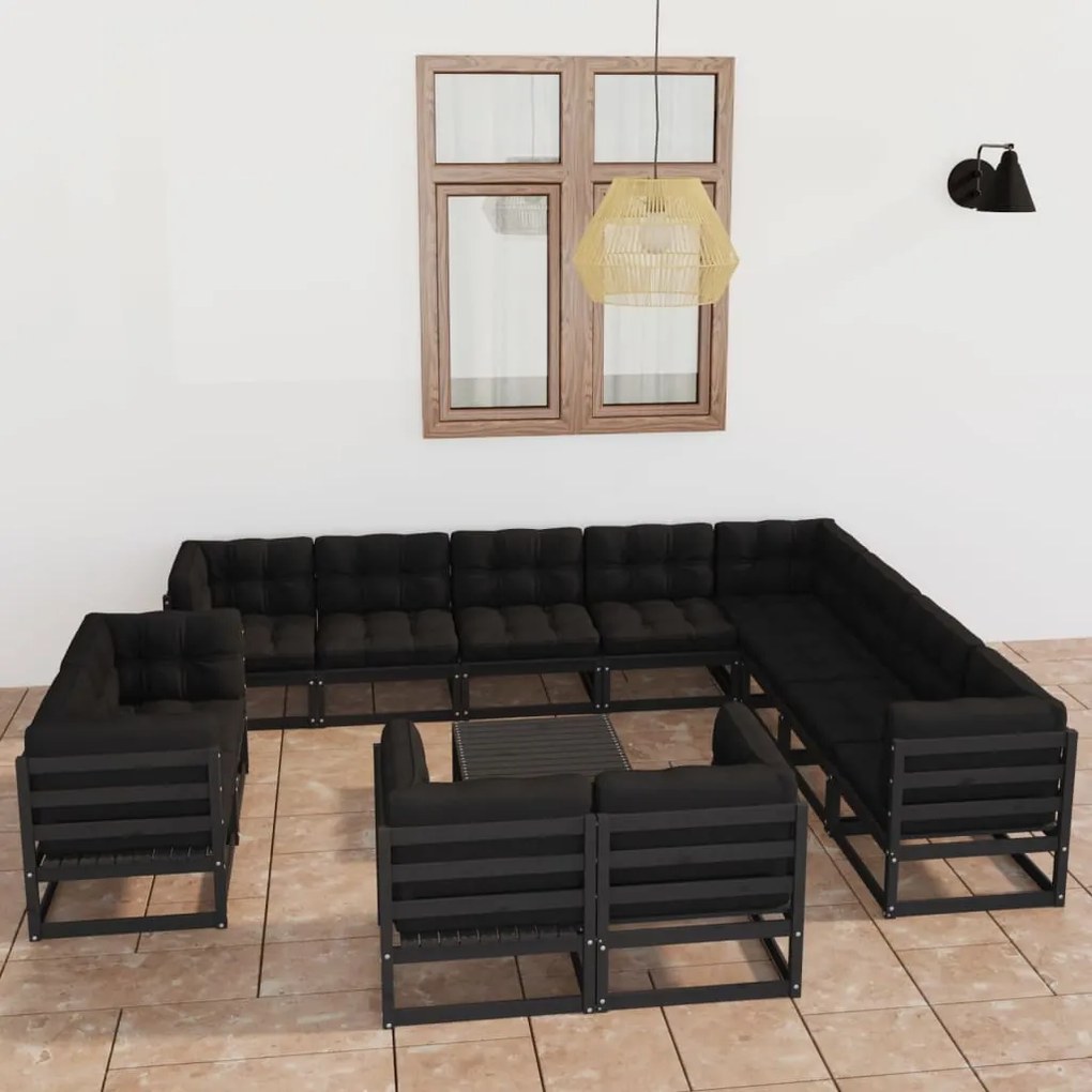 vidaXL 13 pcs conjunto longue jardim c/ almofadões pinho maciço preto