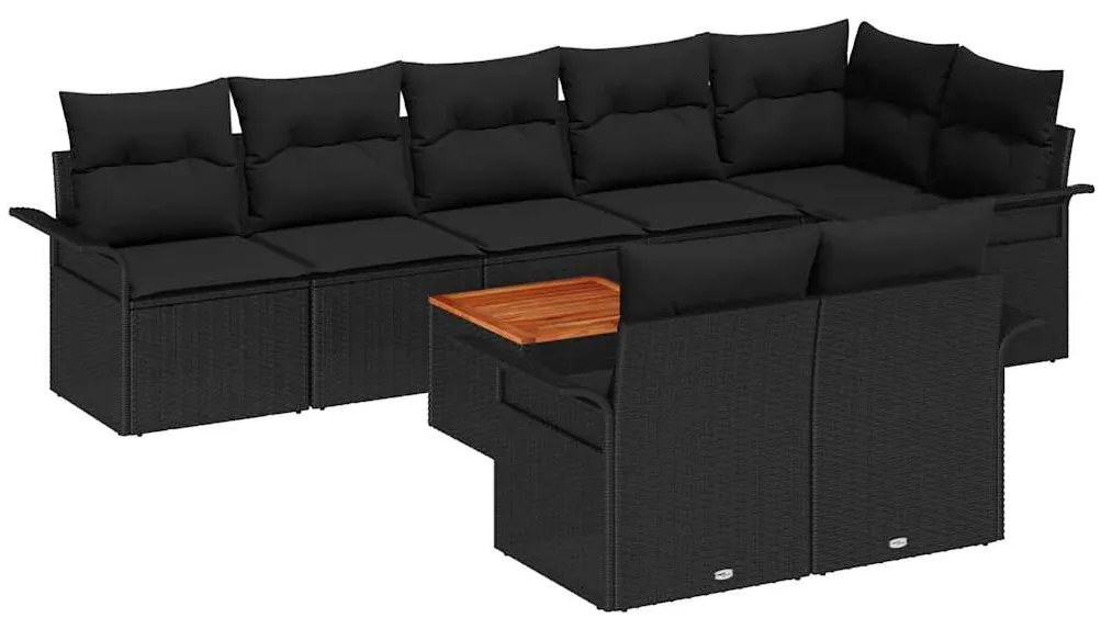Conjunto de Sofá de Jardim com 9 peças e almofadas em rattan preto.