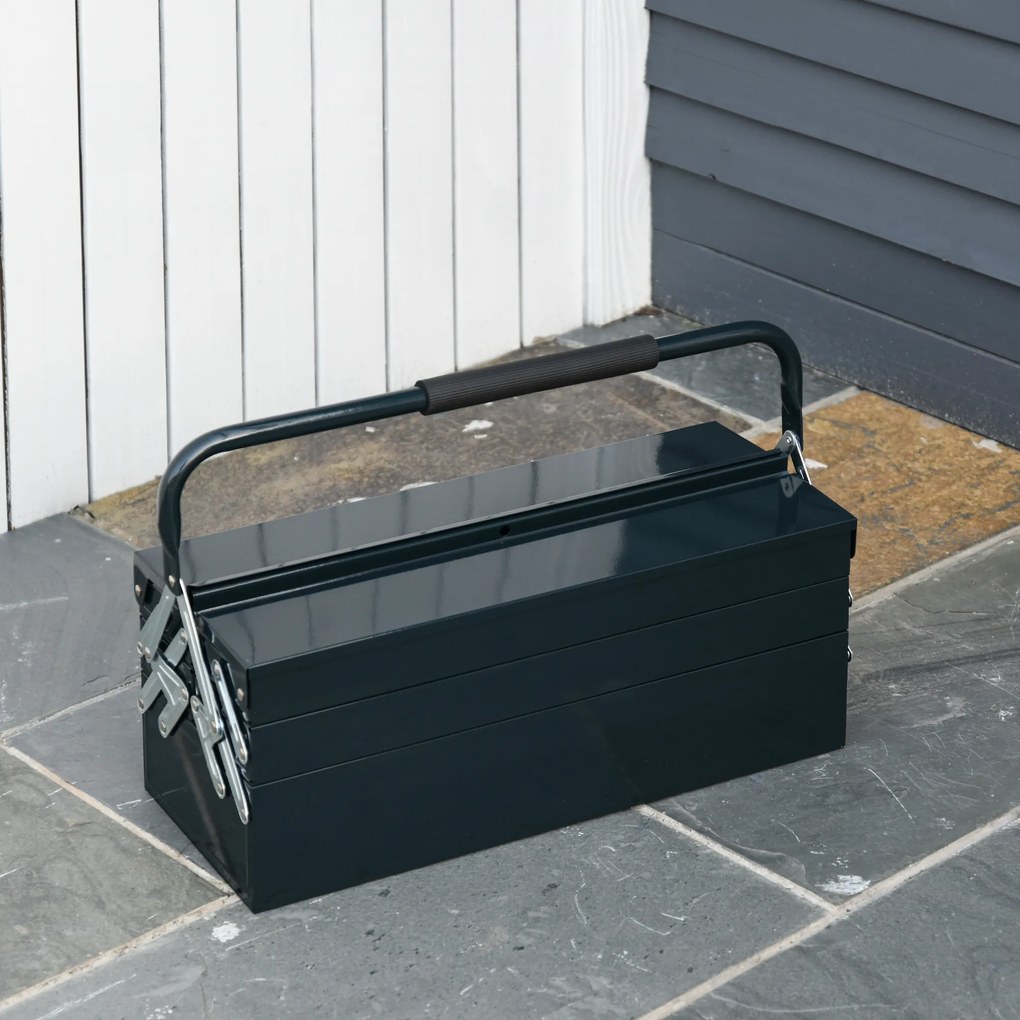 DURHAND Caixa de Ferramentas portátil Dobrável de Aço com 5 compartimentos com Alça de Transporte para oficina 57x21x41cm Verde