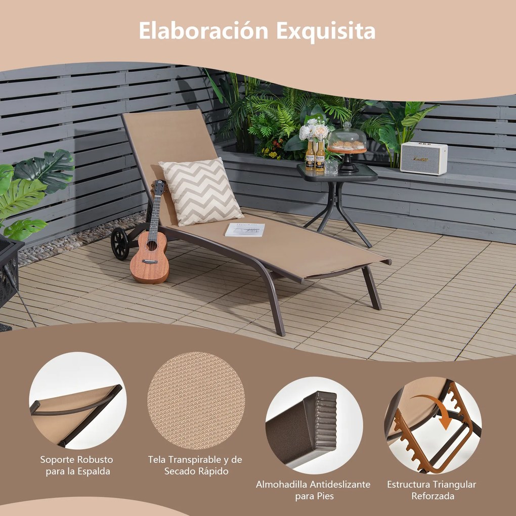 Conjunto de 2 espreguiçadeiras com rodas, tecido de secagem rápida e encosto reclinável em 6 posições, para exterior, piscina, pátio e jardim, castanh
