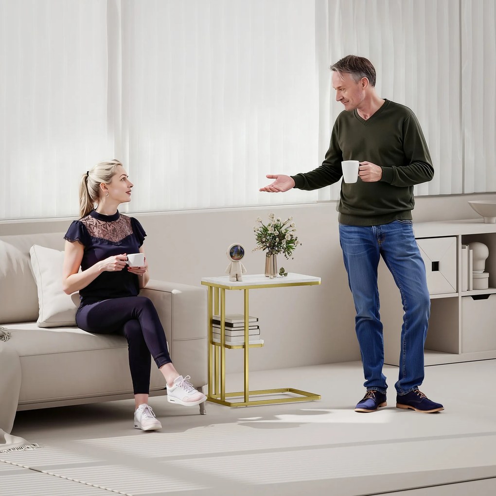 Mesa Auxiliar Estrutura em C Mesa Auxiliar Estreita de 2 Níveis com Prateleira 50x30x57,5 cm Branco  Efeito Mármore e doiurada