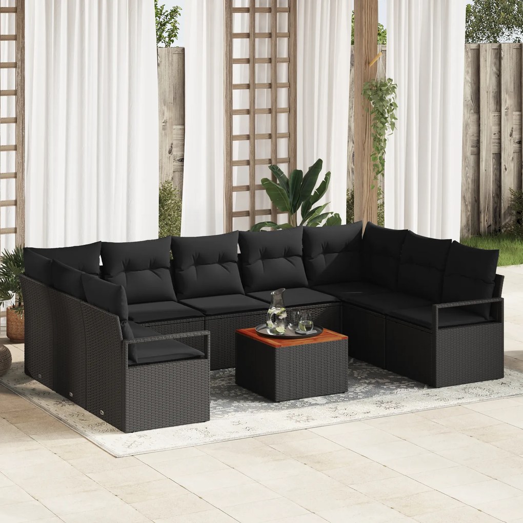 Conjunto de Sofá de Jardim vidaXL com Almofadas Preto Vime Acácia, Sof