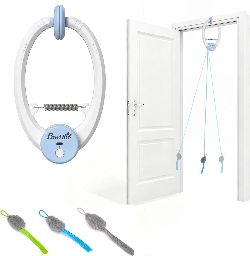 PawHut Brinquedo Interativo para Gatos Recarregável por USB Rato Saltitante Pendurado na Porta para Gatos, 24,1 x 13,8 x 6,6 cm Branco | Aosom Portugal