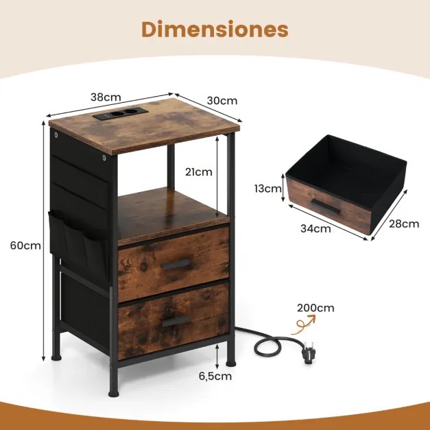 Conjunto de 2 mesas de cabeceira, mesas apoio com carregador USB e Luz LED, com 2 gavetas dobráveis, 38 x 30 x 60 cm, castanho