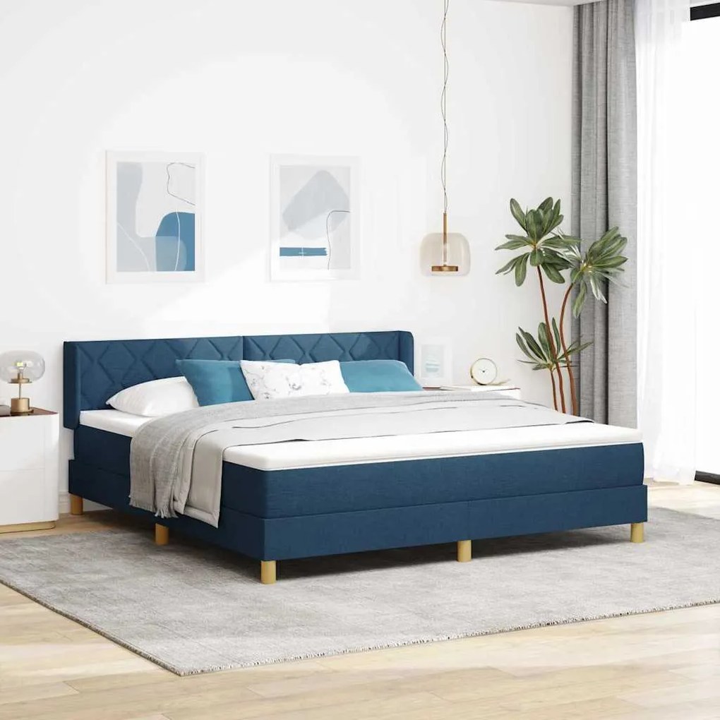 Cama Box Spring Azul, 180 x 200 cm, em tecido.
