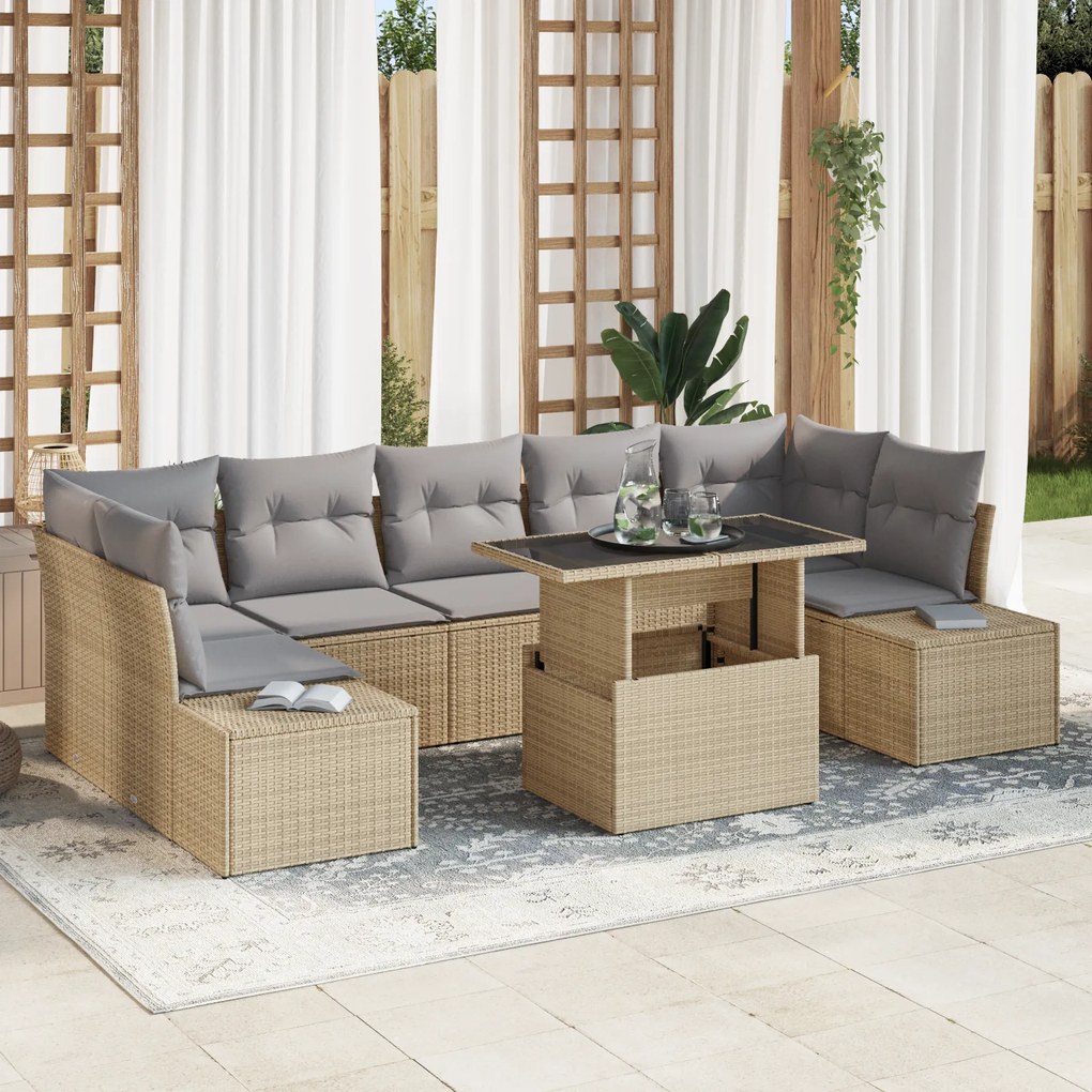 Conjunto de Sofá de Jardim com 8 Peças e Almofadas Bege em Rattan Sint