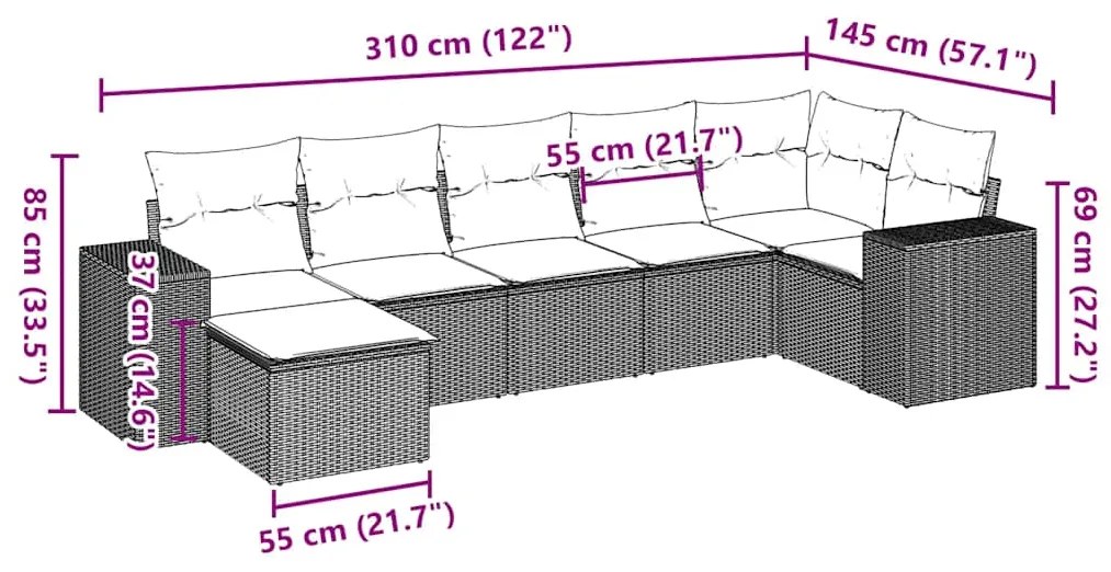 7 pcs conj. sofás jardim com almofadões vime PE cinzento-claro
