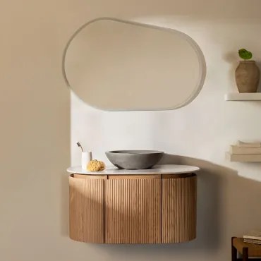 Conjunto De Móvel De Casa De Banho Suspenso 90x50 Cm Em Madeira Carsone Madeira Natural & Sem Unidade Auxiliar & Cimento Cinzento Redondo - Sklum