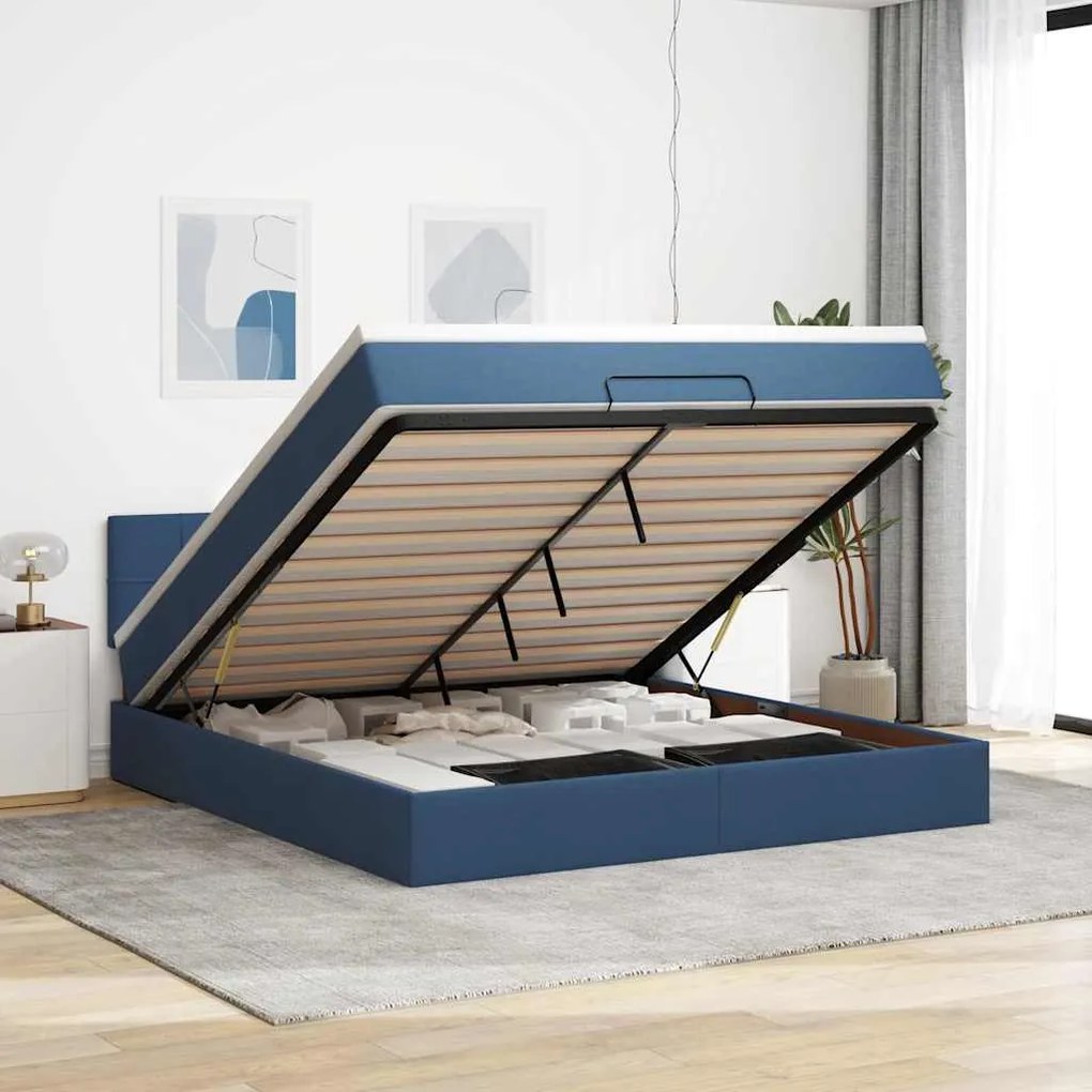 Estrutura de cama otomana com colchão 160x200 cm tecido azul