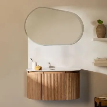 Conjunto De Móvel De Casa De Banho Suspenso Em Madeira Carsone Madeira Natural & Sem Unidade Auxiliar & Sem Lavatório & Oval Led - Sklum