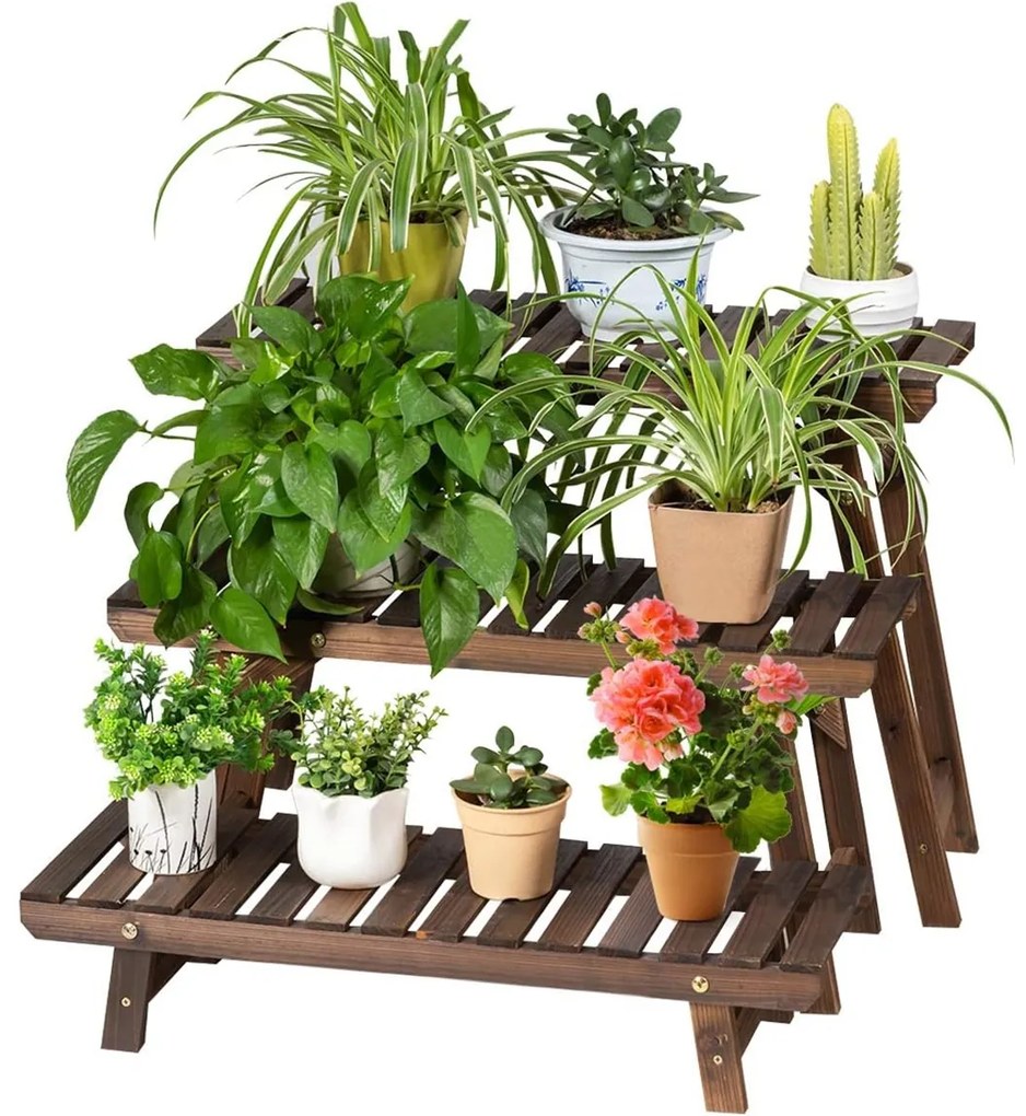 Suporte para plantas de madeira, 3 peças em qualquer combinação Escada para flores carbonizada para interior e exterior Castanho