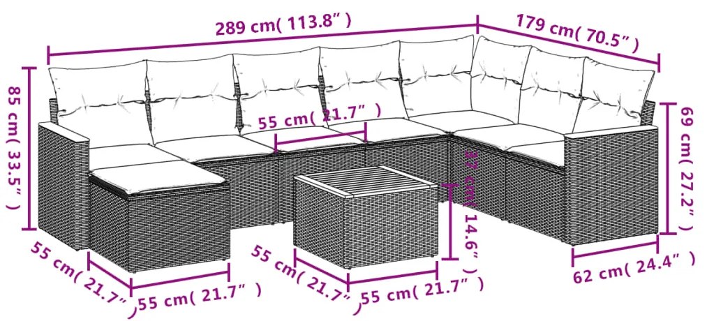 9 pcs conjunto sofás p/ jardim com almofadões vime PE cinzento