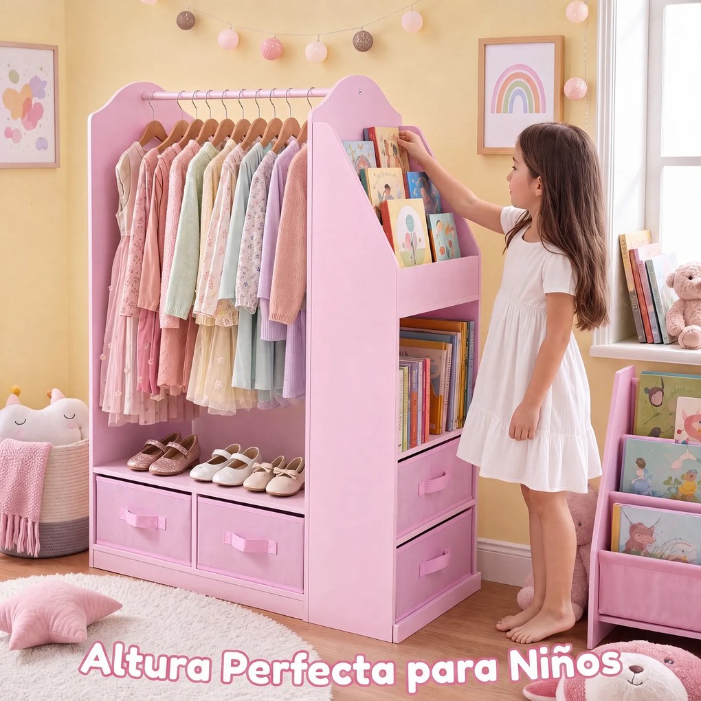 Armário Infantil com Espelho, 81 x 37 x 108 cm, Arrumação Multifuncional, Rosa