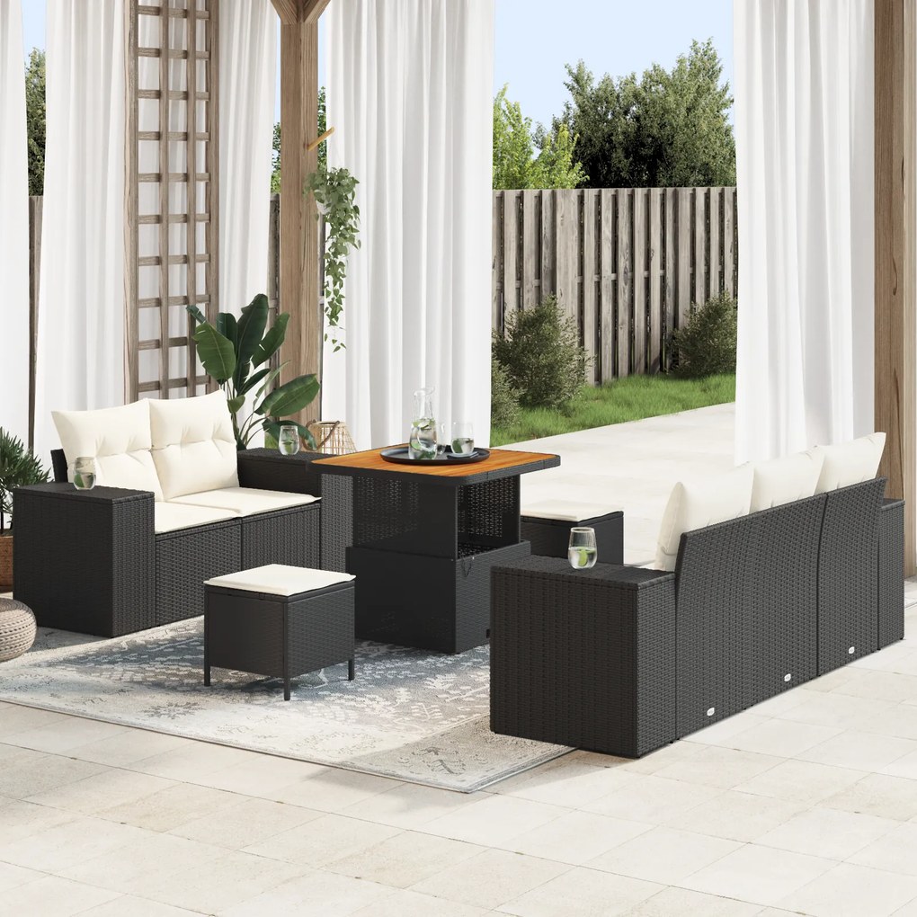 Conjunto de Sofá Jardim de 8 Peças com Almofadas Rattan Preto e Acácia