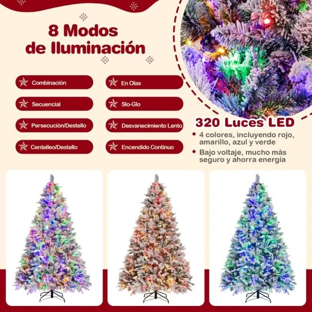 Árvore de Natal Com neve com Luzes 210 cm com Luzes Incorporadas com 320 Luzes LED 8 Modos 1270 Pontas PVC e PE Verde e Branco