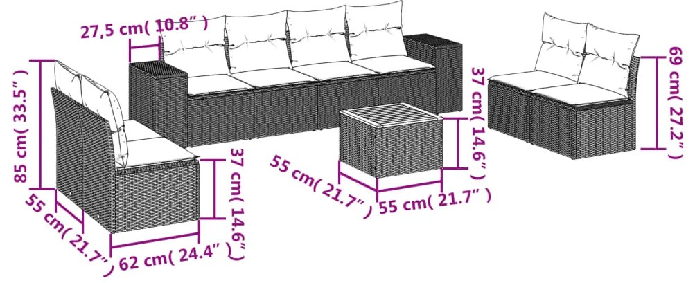 9 pcs conjunto de sofás p/ jardim com almofadões vime PE bege