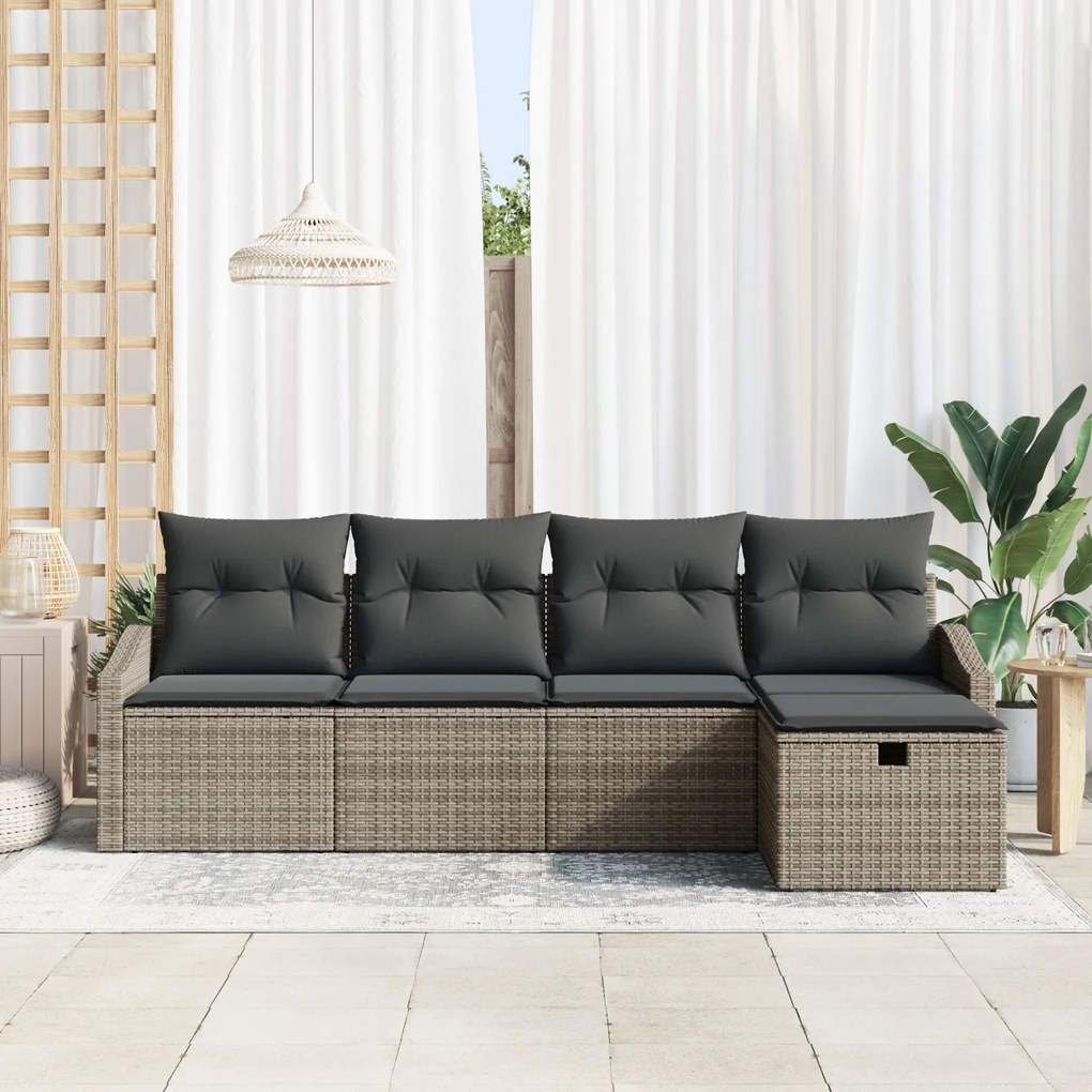 Conjunto de Sofá de Jardim de 5 Peças com Almofadas Cinza Polyrattan