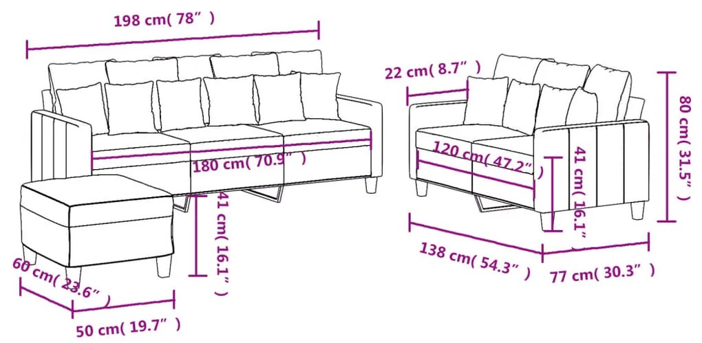 3 pcs conjunto de sofás com almofadões tecido cinzento-claro