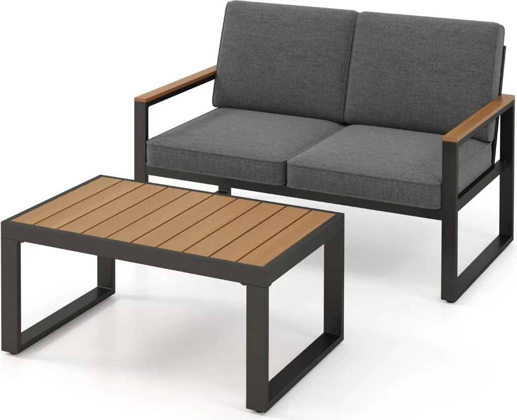 Conjunto de móveis de jardim em alumínio com Sofá seccional estofado cinzento e com mesa de centro almofadas cinzentas