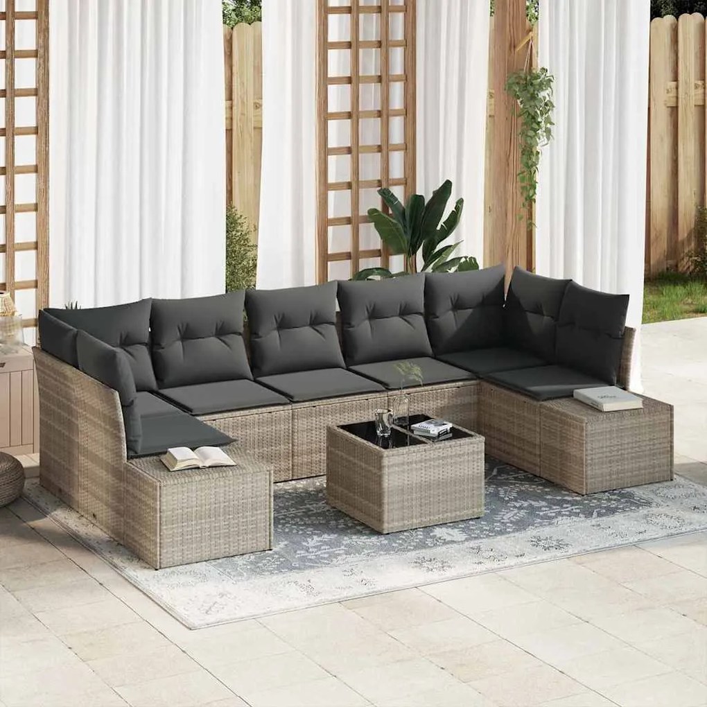 vidaXL Conjunto de Sofá de Jardim com 8 Peças em Rattan Sintético Cinza Claro, com Almofadas