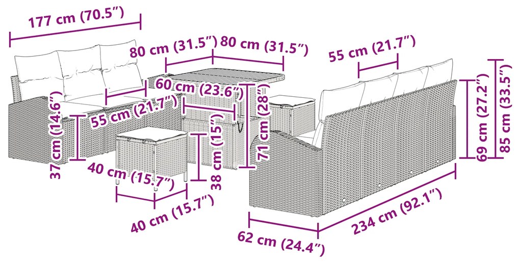 Conjunto de Sofá de Jardim vidaXL 10 Peças com Almofadas Preto Rattan