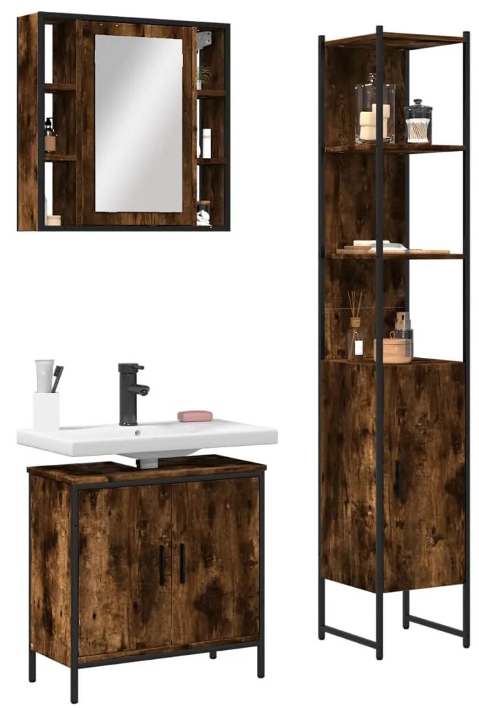 vidaXL 3 pcs conjunto móveis WC derivados de madeira carvalho fumado