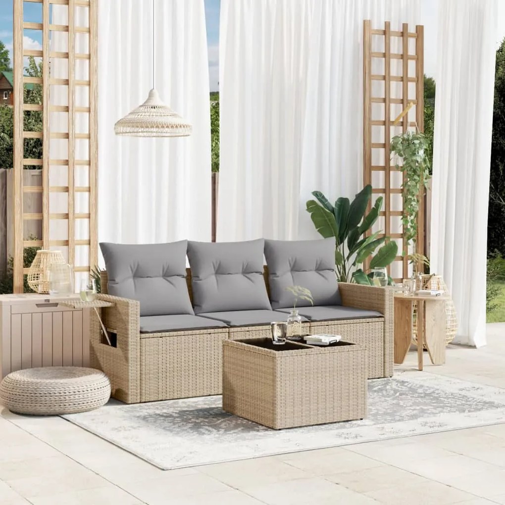 4 pcs conjunto de sofás para jardim c/ almofadões vime PE bege