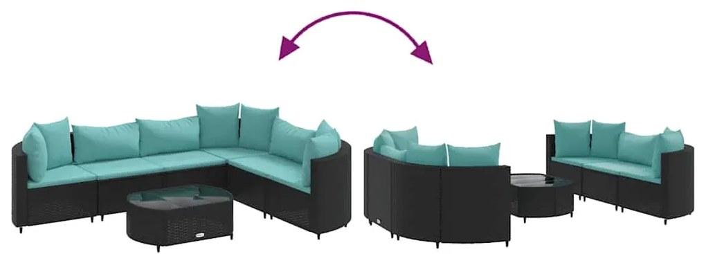 7 pcs conjunto de sofás p/ jardim c/ almofadões vime PE preto