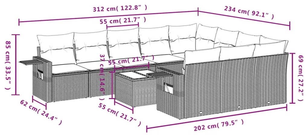 11 pcs conjunto sofás de jardim c/ almofadões vime PE bege