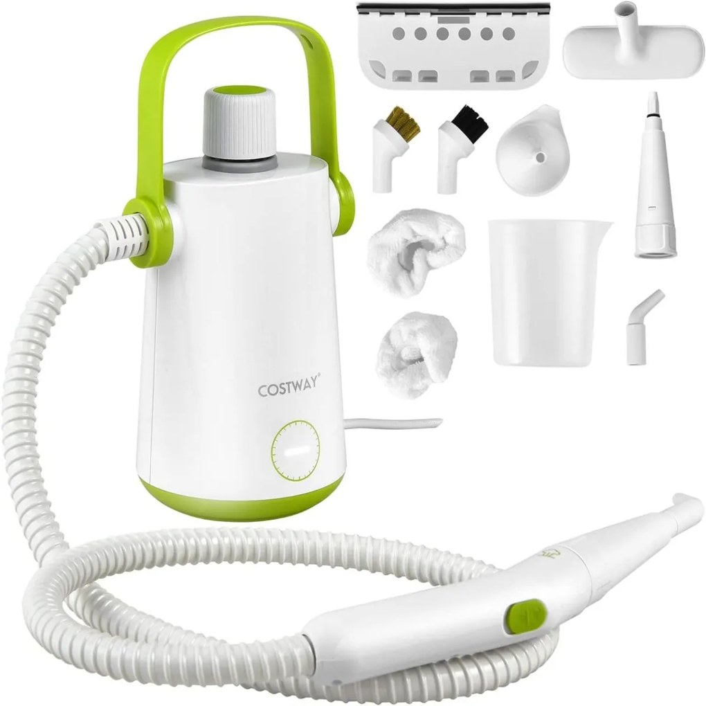 Máquina portátil de limpeza a vapor de 1000w com tanque de água de 300ml, mangueira estendida e vaporizador de roupas de cabo longo Branco