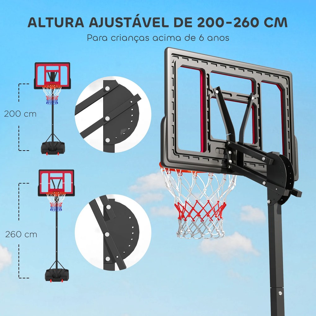 Cesto de Basquetebol para Crianças com Altura Ajustável de 200 a 260 cm com Saco de Pesos Vermelho e Preto