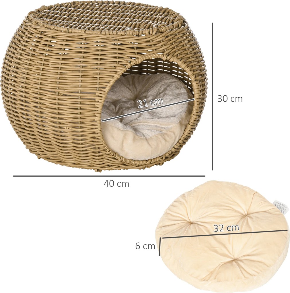 Cama para gatos com 2 níveis, em resina trançada com aspeto de vime, com 1 almofada macia Ø 40 x 30 cm, castanho claro
