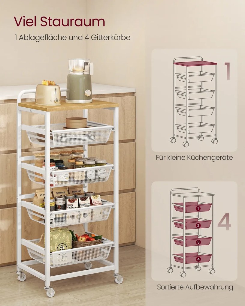 Carrinho de cozinha 31,7 x 40 x 95 cm com vários níveis e cestos extraíveis carvalho dourado-branco