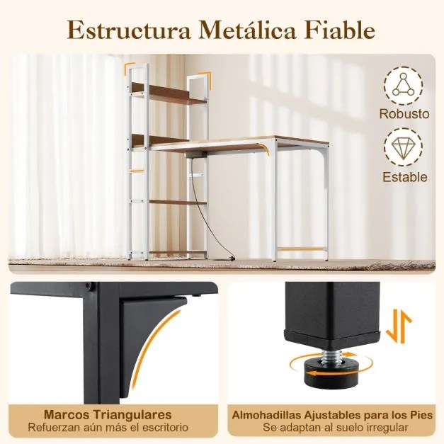 Secretária de escritório com estação de carregamento Tomadas, Porta USB e Porta Tipo C e Estrutura Metálica Natural e Branco
