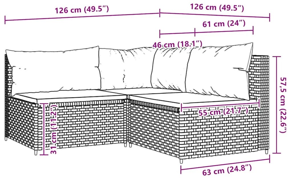 3 pcs conjunto lounge de jardim c/ almofadões vime PE cinzento