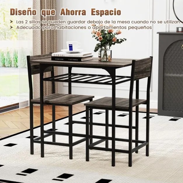 Conjunto de mesa de jantar com 2 cadeiras com prateleira aberta, estrutura metálica cinzento