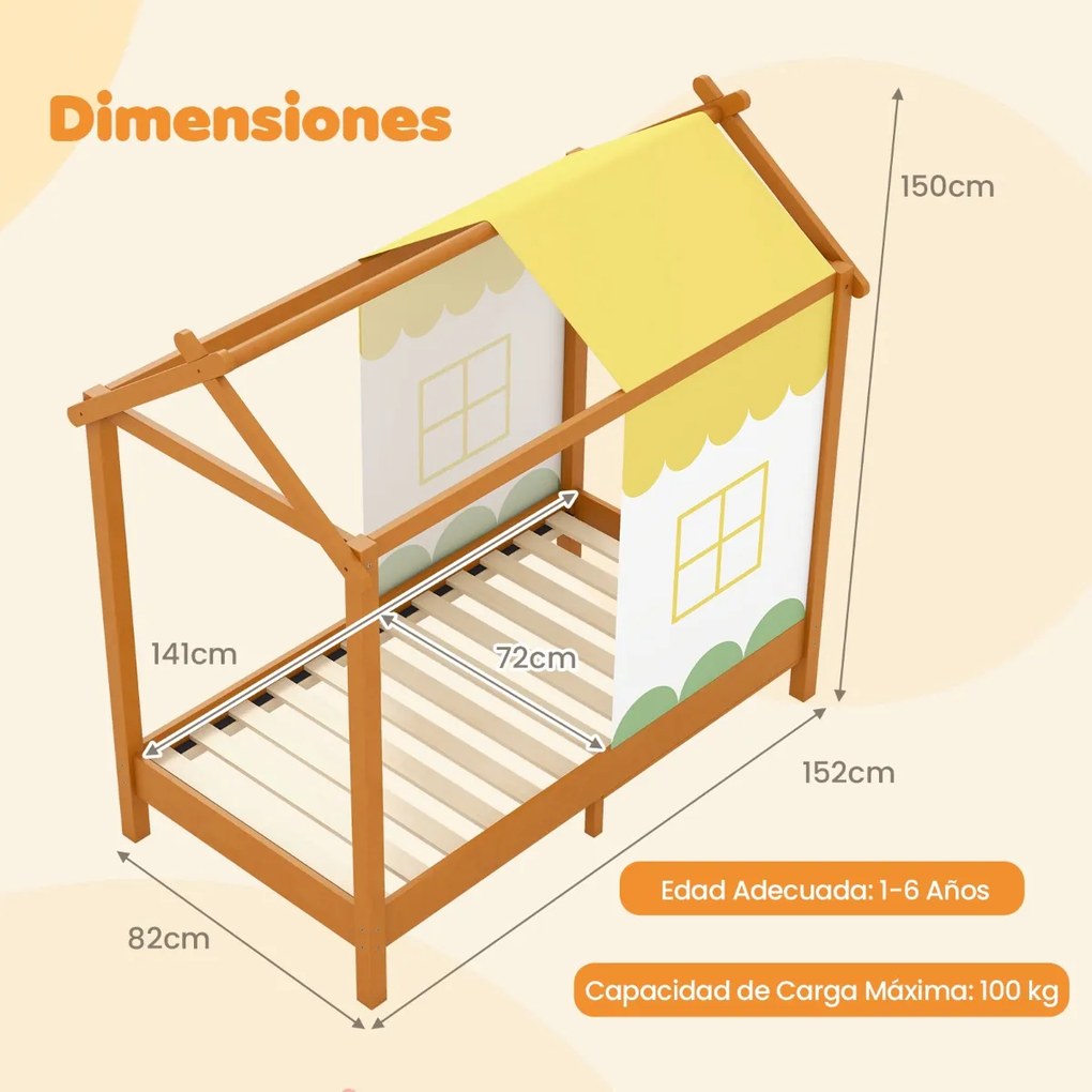 Cama de criança com toldo Plataforma de teatro Toldo amovível 12 ripas de madeira maciça para dormir 70 x 140 cm