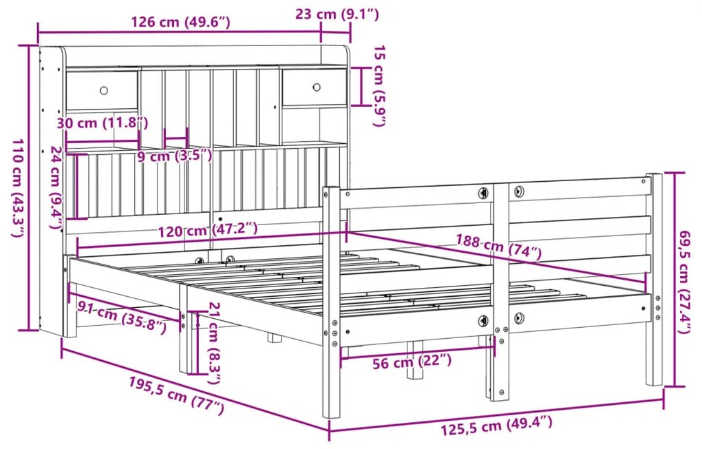 Cama c/ estante sem colchão 120x190cm pinho maciço castanho-mel